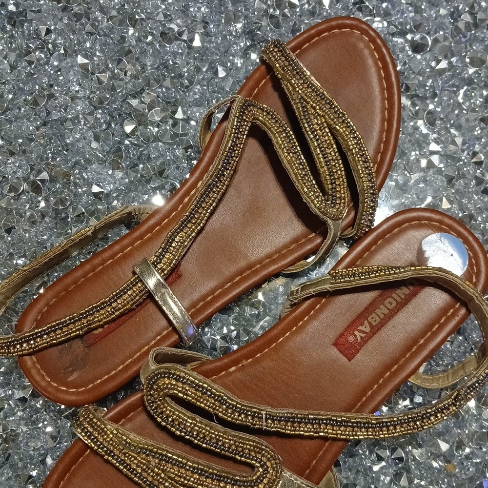 UNIONBAY Gold and Brown Beaded Sandals